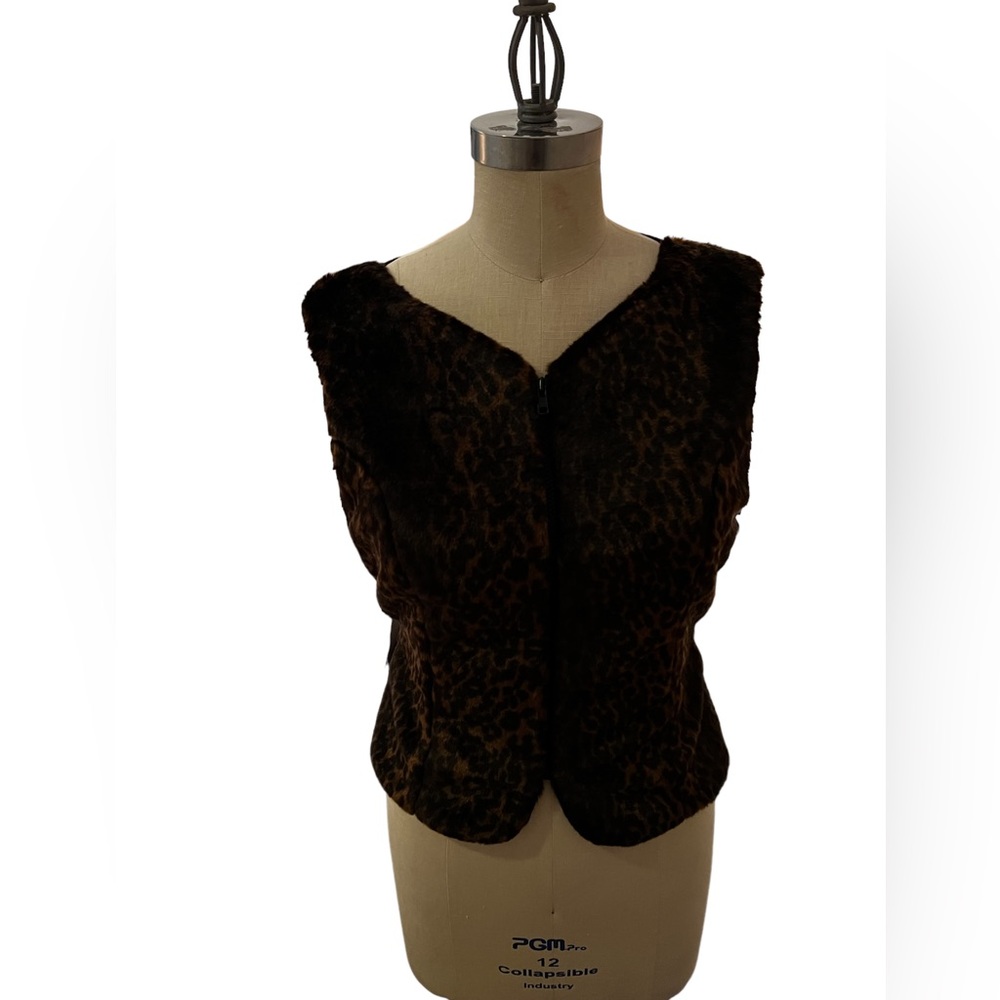 Ballinger Gold Brown Animal Print Faux Fur Zip Up Vest Size Small